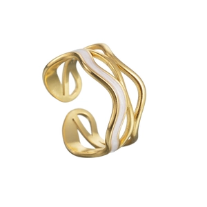 Minimalist wavy open ring in gold stainless steel with white enamel geometric accents