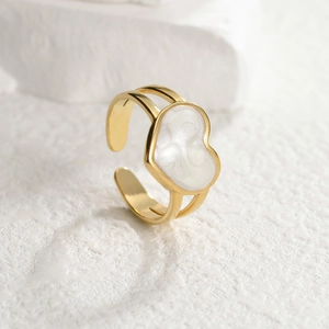 Bague Ajustable Cœur Acier Inoxydable Double Couche Plaqué Or Incrustation Coquille Blanche Bijoux Mode Pour Femmes