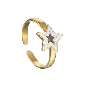 Minimalist gold open ring featuring a stylish black and white star enamel design