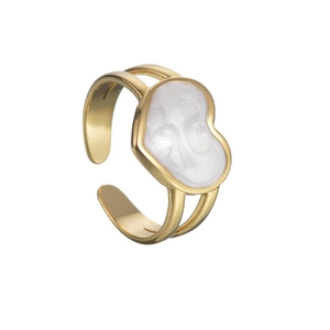 Bague ouverte coeur dorée avec émail blanc pour femme, design minimaliste ajustable