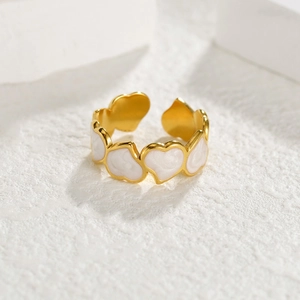 Minimalist adjustable heart ring in gold finish with white enamel for women