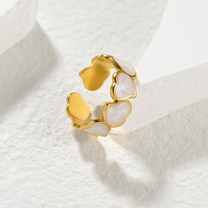 Chic gold-plated open ring featuring a continuous white enamel heart pattern design