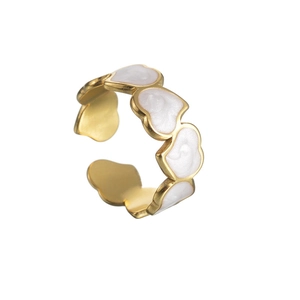 Chic open ring with white enamel cloud motifs in polished stainless steel design