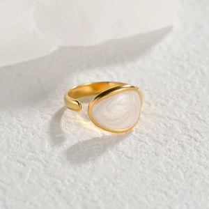 Minimalist adjustable gold open ring featuring elegant organic white pearl inlay design