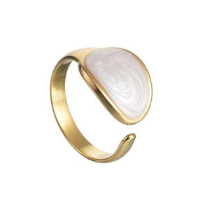 Adjustable golden stainless steel open ring with white pearlescent enamel inlay