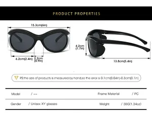 Detailed size chart for oversized cat eye sunglasses showing frame dimensions and PC material