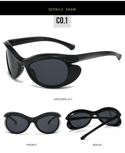Three-angle view of black wrap-around cat-eye sunglasses with wide side shields