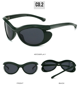 Three-angle display of dark green cat-eye sunglasses with 45-degree, front, and back views