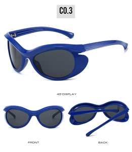 Multiple views of bright blue wrap-around sunglasses with grey lenses and C0.3 color code