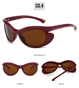 Three angles of wine red cat-eye sunglasses with side shields and brown lenses