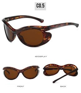 Front, back, and 45-degree side views of tortoise shell cat eye sunglasses with brown lenses