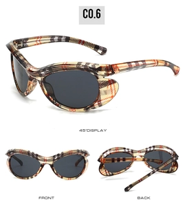 Detailed views of vintage cat-eye sunglasses with classic brown plaid pattern frames