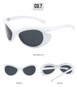 Three-angle view of white wide-frame cat-eye sunglasses with dark lenses and durable hinges