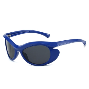 Bright blue cat-eye sports sunglasses with dark lenses and stylish winged frame