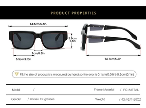 Detailed specs of unisex square black PC and metal frame sunglasses with dimensions