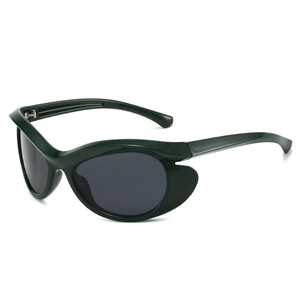 Retro deep green cat eye wrap sunglasses with wide frame and dark lenses