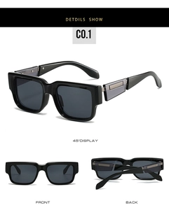Detailed views of square retro sunglasses with thick grey-blue frames and silver accents