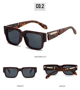 Detail view of vintage square sunglasses with tortoise pattern temples and metal accents