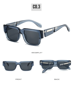 Detailed views of vintage square sunglasses with blue frames and metal hinge accents