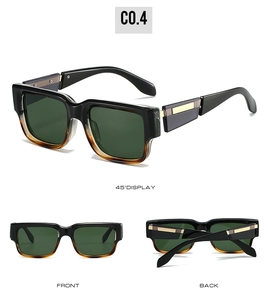 Detailed views of square sunglasses with amber gradient frame and gold temple accents