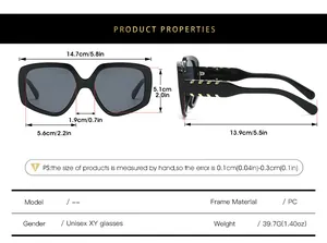 Detailed sizing chart and specifications for oversized polygonal PC sunglasses in black