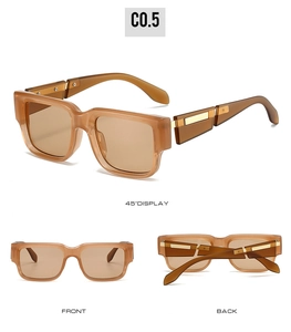 Detailed views of vintage amber square frame sunglasses with gold temple accents