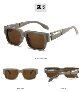 Three-angle view of vintage square sunglasses with thick gray frames and silver temple accents