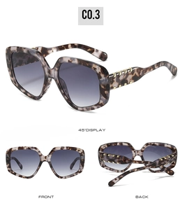 Three-view display of oversized tortoiseshell sunglasses with gold chain detail on temples