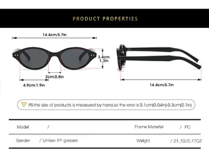 Detailed size chart for small frame cat-eye sunglasses with PC frame measurements