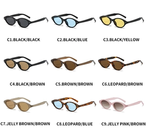 Matrix showing nine different color variations of retro oval frames and tinted lenses