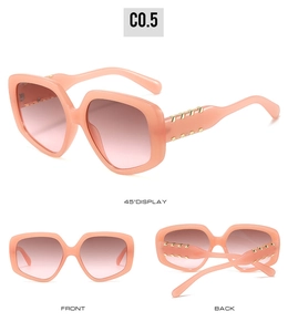 Three-angle view of pink oversized sunglasses with golden metal stripe details