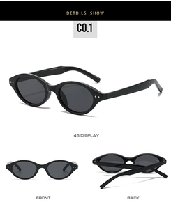 Multi-angle views of small oval black frame sunglasses with dark grey lenses in detail