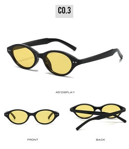 Three-view display of oval sunglasses with yellow lenses and black frames in C0.3
