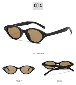Three-view display of vintage oval sunglasses with small frames and silver dot accents
