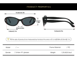Detailed size chart of oval white frame sunglasses with lens and bridge measurements