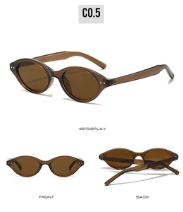 Three perspectives of retro oval sunglasses featuring transparent brown frames and dark lenses