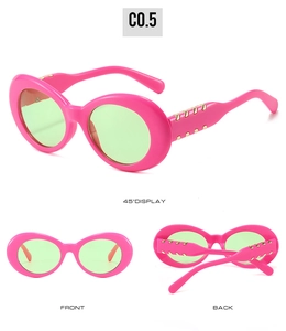 Lunettes de soleil ovales rose vif avec verres vert clair, vues de face, dos et profil