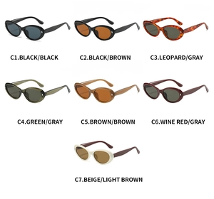 Matrix display of seven stylish oval sunglasses in various frame and lens colors