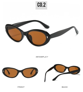 Three-view display of oval sunglasses showing front, back, and 45-degree angle profile