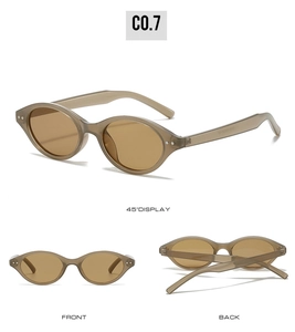 Three-angle view of vintage oval cat-eye sunglasses in transparent amber finish