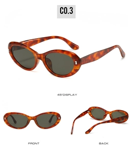 Three-way view of oval tortoise shell sunglasses with dark lenses and vintage plastic frame