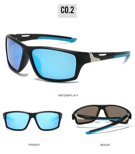 Trois vues de lunettes de soleil de sport avec monture noire et verres miroir bleus
