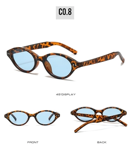 Detailed views of small frame leopard print sunglasses with blue tinted lenses C0.8