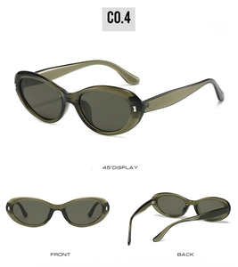 Detail view of oval olive green sunglasses showing front, back and 45 degree angles