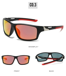 Lunettes de soleil sport polarisées noir et rouge avec vues de face, dos et 45 degrés