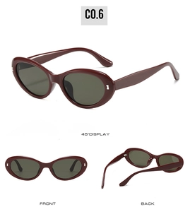 Three-angle view of vintage oval sunglasses in dark red frames with gray lenses