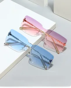 Detail of rimless square sunglasses with gradient lenses and slim metal temples