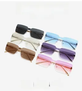 Array of rimless square sunglasses in multiple colors with hollowed gold metal temples