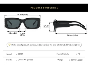 Detailed size chart for retro rectangular sunglasses with PC frame measurements