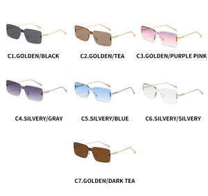 Seven colors of rimless square sunglasses with metallic chain temple accents on white background